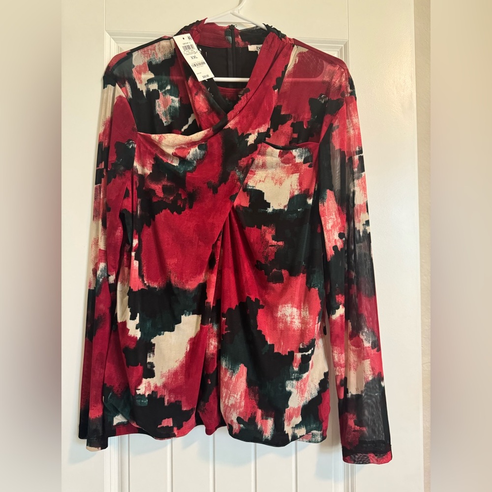 Bar III Red and Pink Flutter Sleeve Graphic Blouse